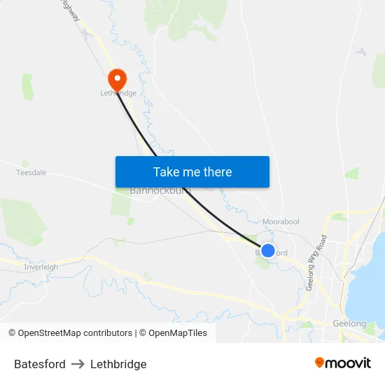 Batesford to Lethbridge map