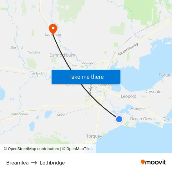 Breamlea to Lethbridge map