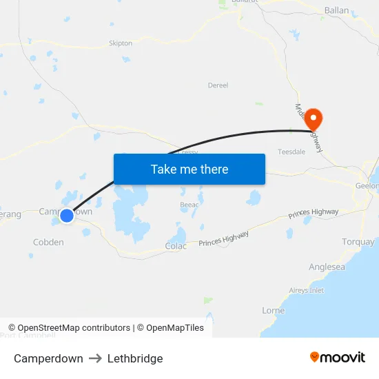 Camperdown to Lethbridge map