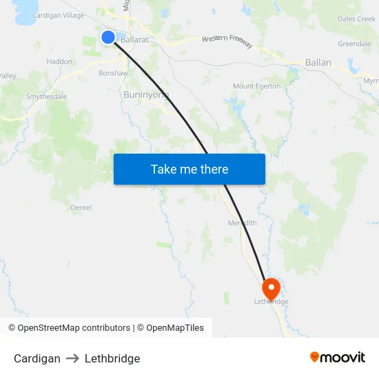 Cardigan to Lethbridge map