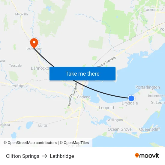 Clifton Springs to Lethbridge map