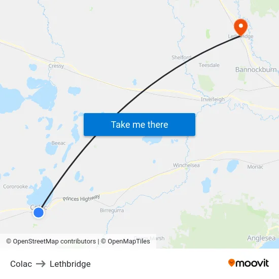 Colac to Lethbridge map