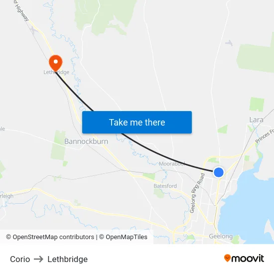 Corio to Lethbridge map
