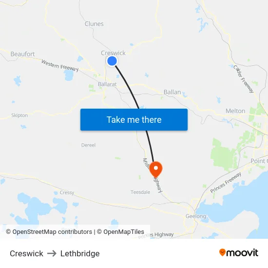 Creswick to Lethbridge map