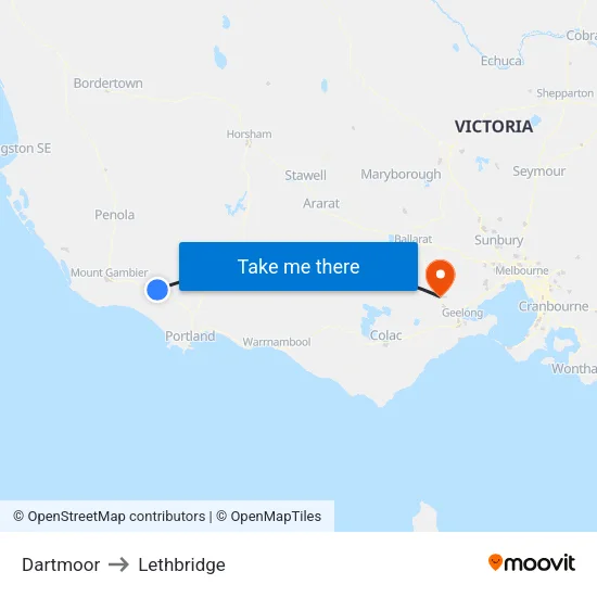 Dartmoor to Lethbridge map