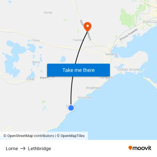 Lorne to Lethbridge map