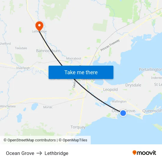 Ocean Grove to Lethbridge map