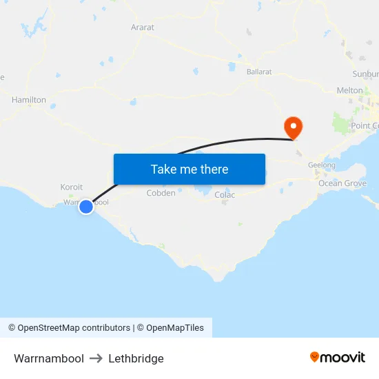 Warrnambool to Lethbridge map