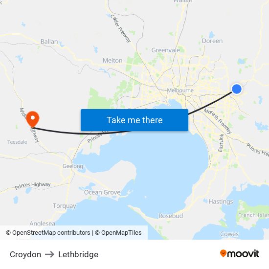 Croydon to Lethbridge map