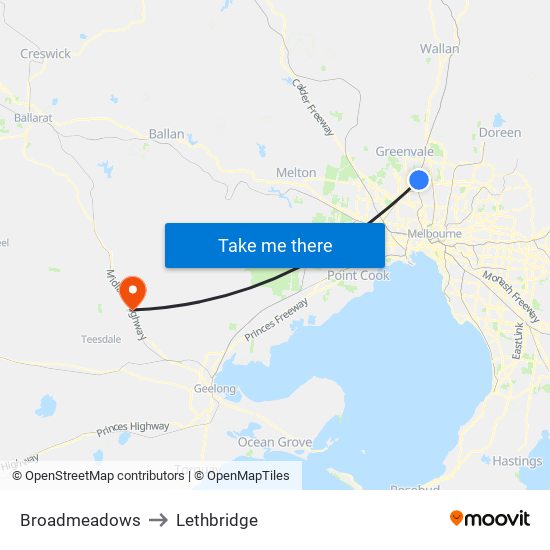 Broadmeadows to Lethbridge map