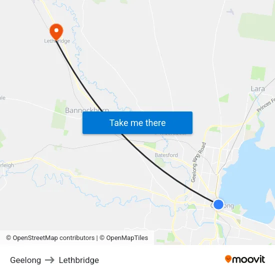 Geelong to Lethbridge map