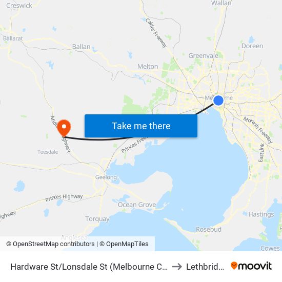 Hardware St/Lonsdale St (Melbourne City) to Lethbridge map