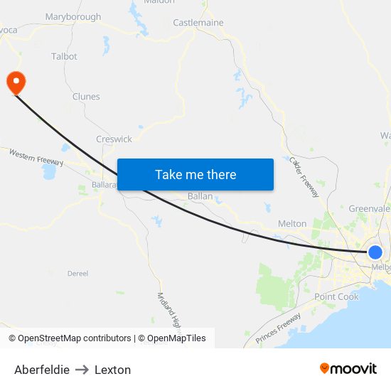 Aberfeldie to Lexton map