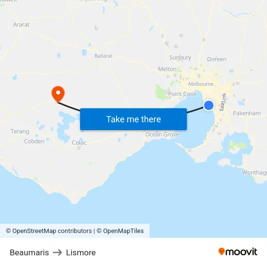 Beaumaris to Lismore map