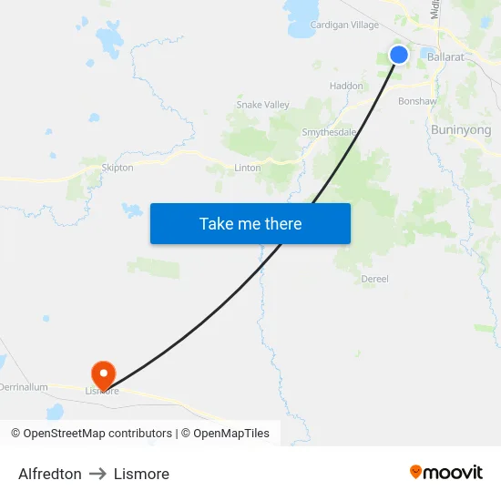 Alfredton to Lismore map