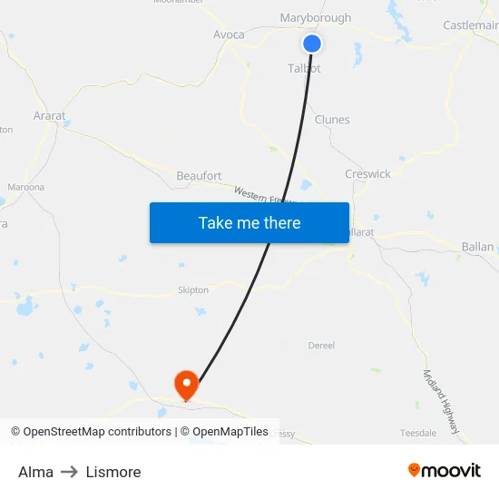 Alma to Lismore map