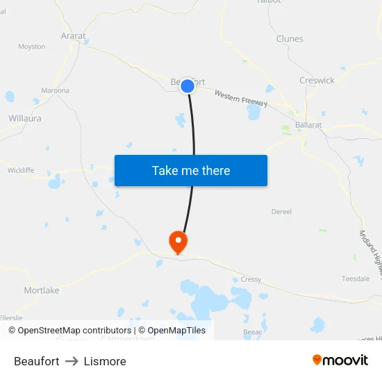 Beaufort to Lismore map