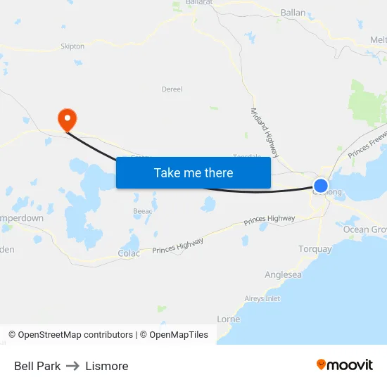 Bell Park to Lismore map