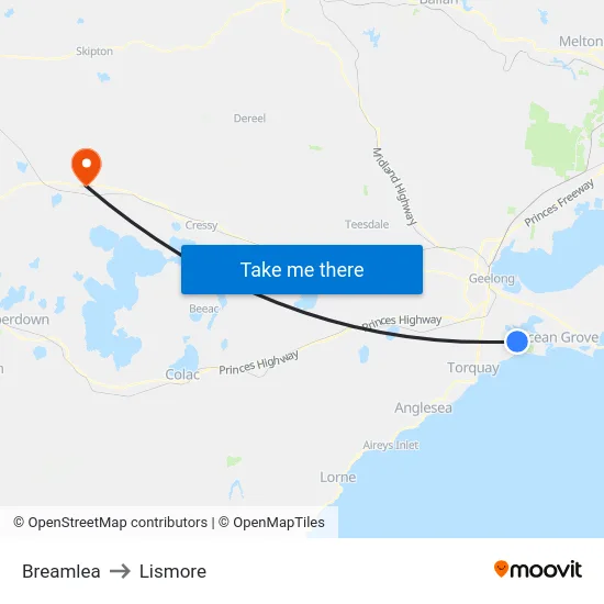 Breamlea to Lismore map