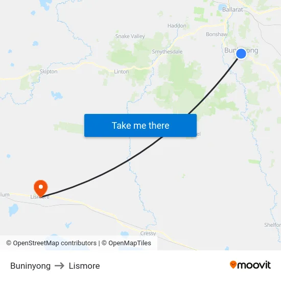 Buninyong to Lismore map