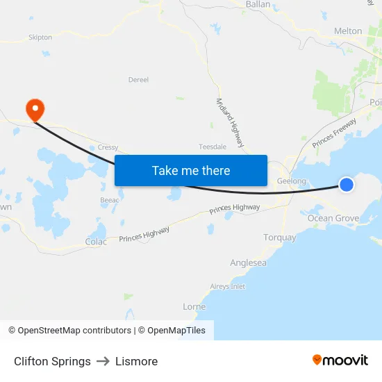 Clifton Springs to Lismore map