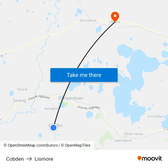 Cobden to Lismore map