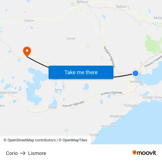 Corio to Lismore map