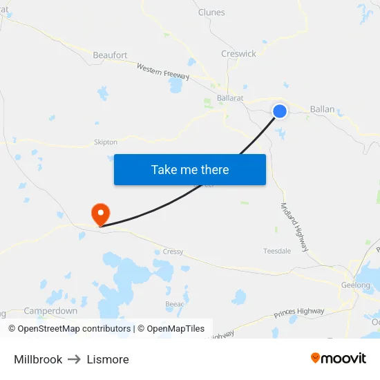 Millbrook to Lismore map