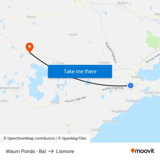 Waurn Ponds - Bal to Lismore map