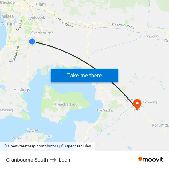 Cranbourne South to Loch map