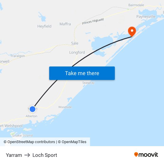 Yarram to Loch Sport map