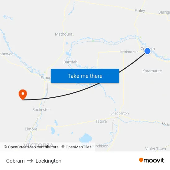 Cobram to Lockington map