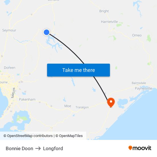 Bonnie Doon to Longford map