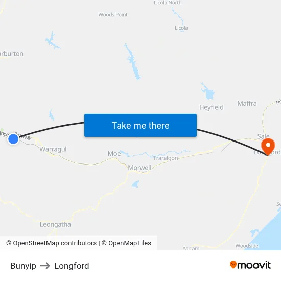 Bunyip to Longford map
