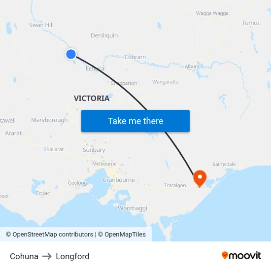 Cohuna to Longford map
