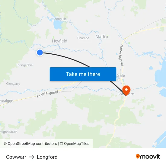 Cowwarr to Longford map