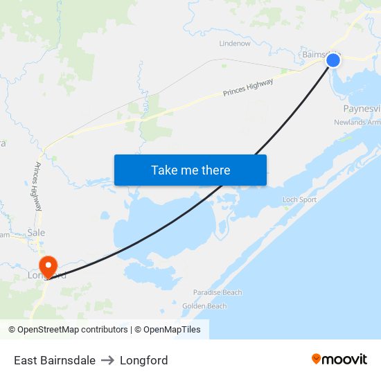 East Bairnsdale to Longford map