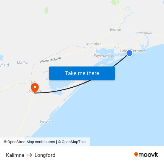 Kalimna to Longford map