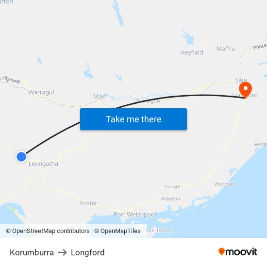 Korumburra to Longford map