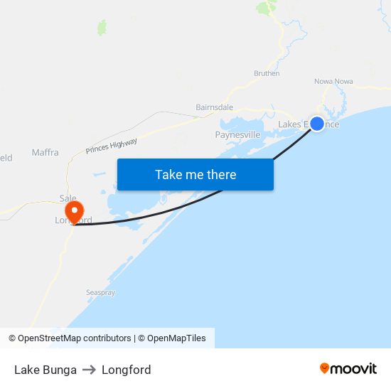 Lake Bunga to Longford map