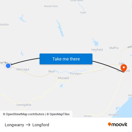 Longwarry to Longford map