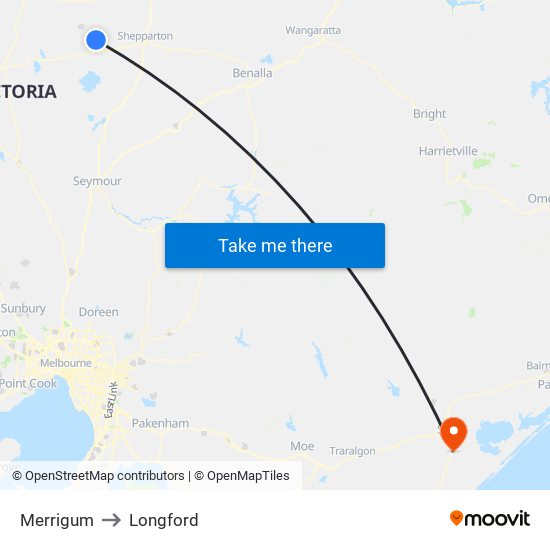 Merrigum to Longford map