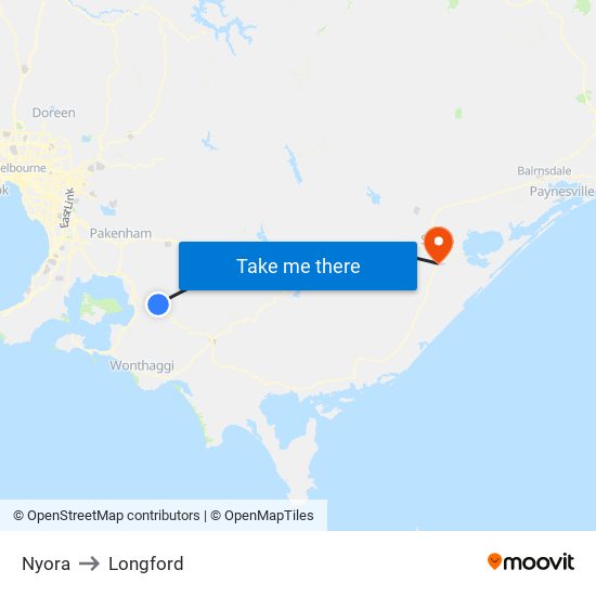 Nyora to Longford map