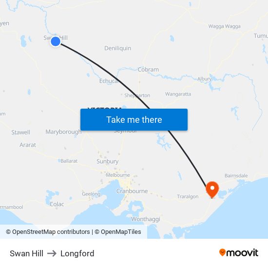 Swan Hill to Longford map