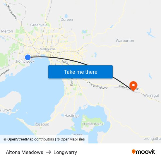 Altona Meadows to Longwarry map