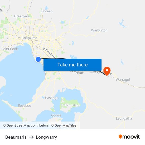 Beaumaris to Longwarry map