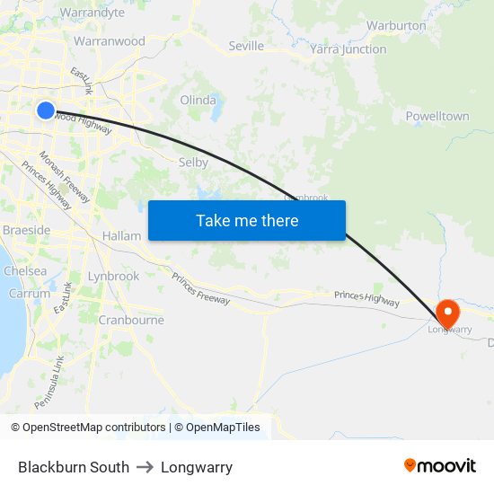 Blackburn South to Longwarry map