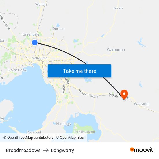 Broadmeadows to Longwarry map