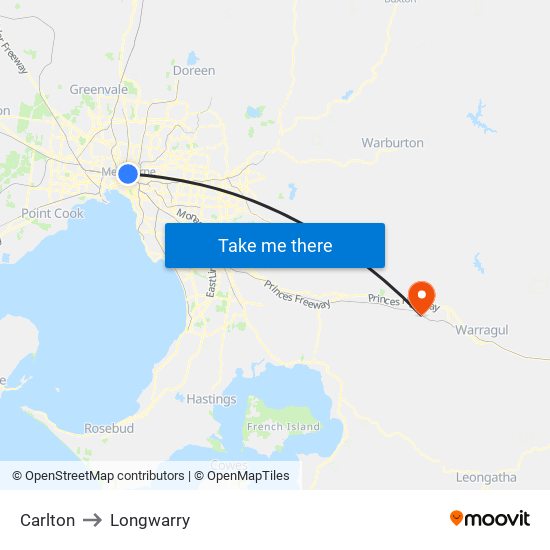 Carlton to Longwarry map