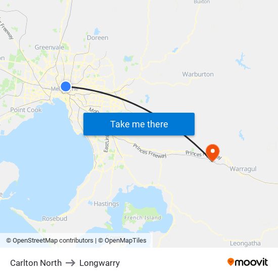 Carlton North to Longwarry map